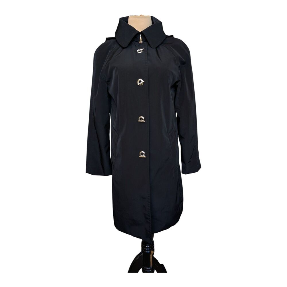 London Fog Women's Black Trench Coat Water Resistant Removable Hood Small Jacket